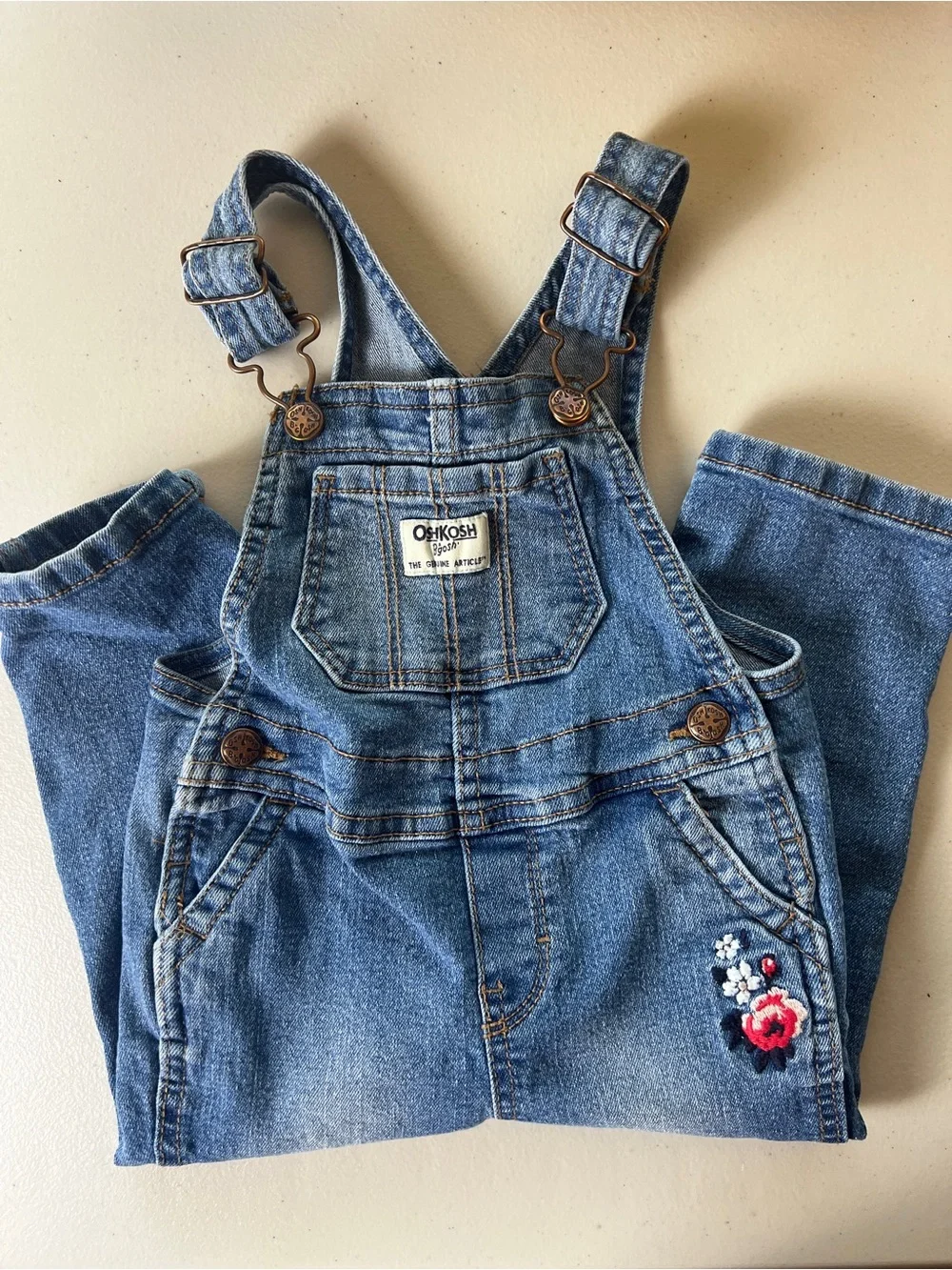 OshKosh B'gosh Denim Blue Floral Embroidered Overalls